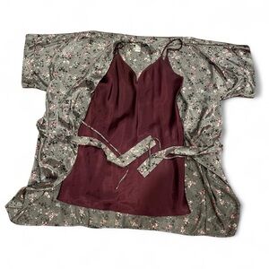 Morgan Taylor Burgandy Satin Slip Nightdress with Floral Robe, size S